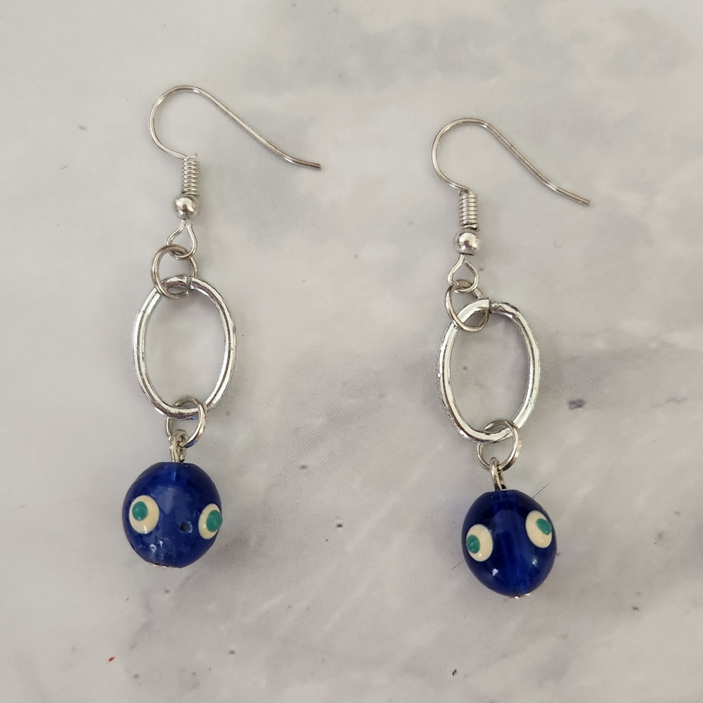 Evil Eye Silver Hoop Hook Earrings